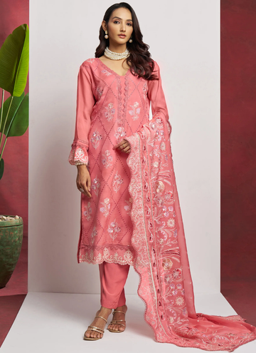 Charismatic Organza Thread Embroidered Work Peach Salwar Kameez